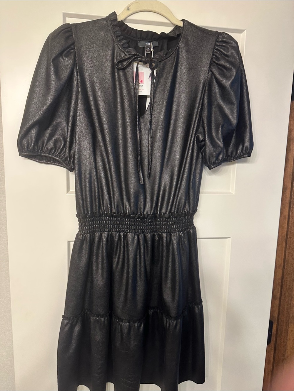 DREW Black Faux Leather Smocked Waist Dress. NWT. size M